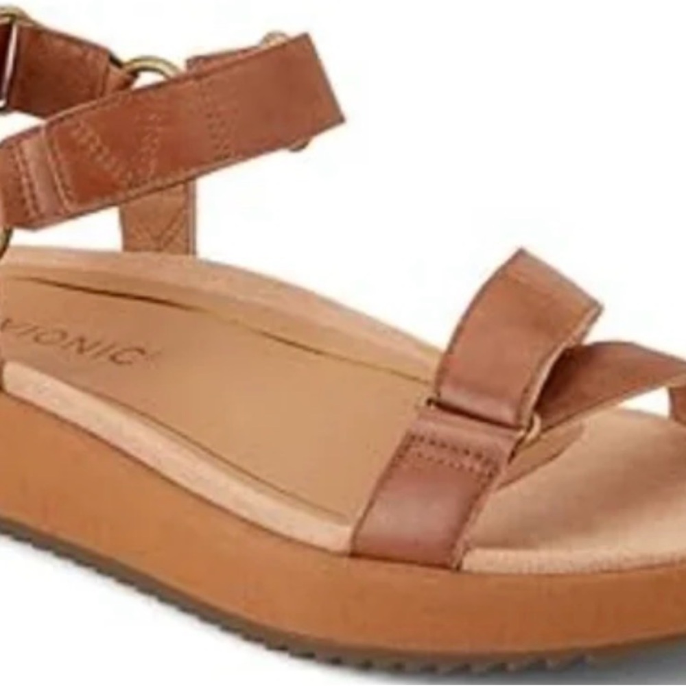 Vionic Tan Leather Flatform Sandals - adjustable Velcro closure, size 7.5